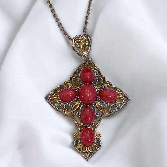 Stunning Pink Cabochon Stones Cross Necklace - Picture 1 of 2